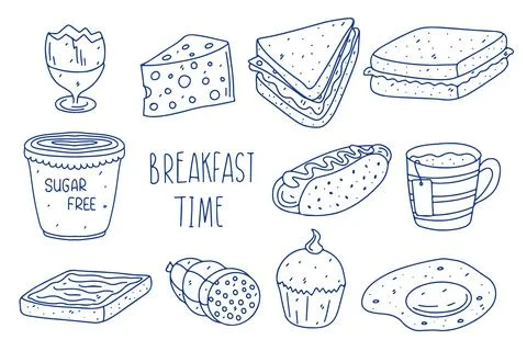 Set of Breakfast time. Hand drawn doodle style. Vector illustration isolate.. Stock Illustration