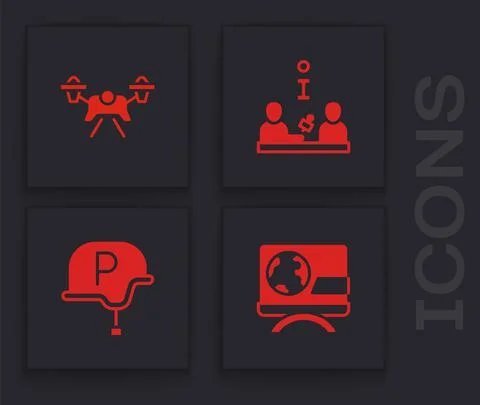 Set Breaking news, Drone, Interview and War journalist icon. Vector Stock Illustration