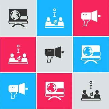 Set Breaking news, Interview and Megaphone icon. Vector Illustrazione stock
