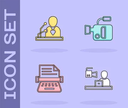 Set Breaking news, Retro typewriter and Cinema camera icon. Vector Stock Illustration