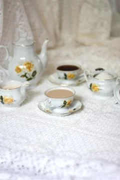 Set of breaking time coffee with sugar and milk on white table Stock Photos