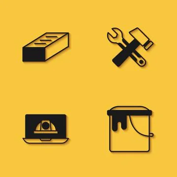 Set Brick, Paint bucket, Worker safety helmet and Hammer and wrench spanner icon Illustrazione stock