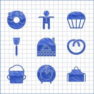 Set Brick stove Kitchen timer apron Pretzel Bakery bowl dough Spatula Muffin  Stock Illustration