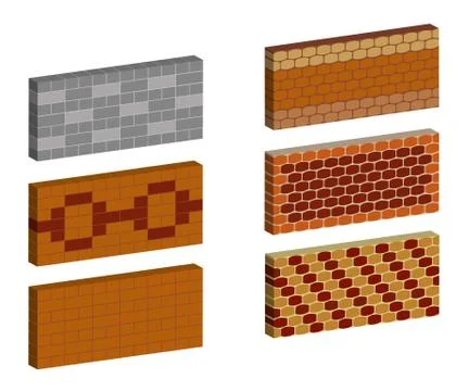 Set brick texture different color and pattern. Brickwork in 1 row. Vector Stock Illustration