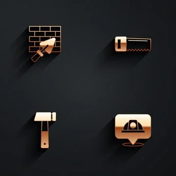 Set Brick wall with trowel, Hand saw, Hammer and Worker safety helmet icon with Illustrazione stock