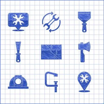 Set Bricks, Clamp and screw tool, Location with wrench, Wooden axe, Worker Illustrazione stock