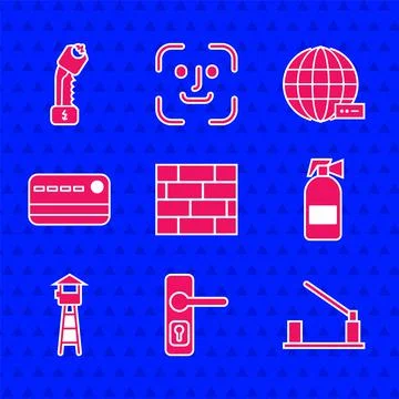 Set Bricks, Door handle, Parking car barrier, Fire extinguisher, Watch tower Illustration