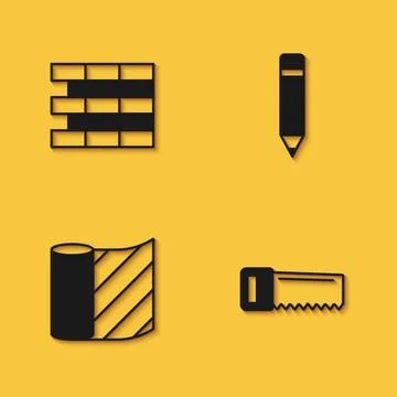 Set Bricks, Hand saw, Wallpaper and Pencil with eraser icon with long shado.. Stock Illustration