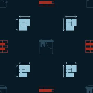 Set Bricks, Paint bucket and House plan on seamless pattern. Vector Stock Illustration