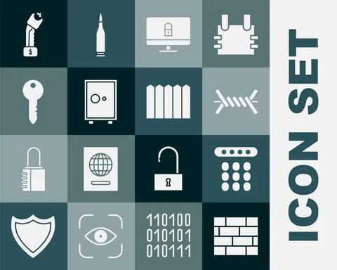 Set Bricks, Password protection, Barbed wire, Lock computer monitor, Safe, Key Stock Illustration