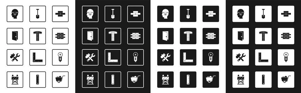 Set Bricks, T-square line, Closed door, Worker safety helmet, Shovel, Angle Stock Illustration