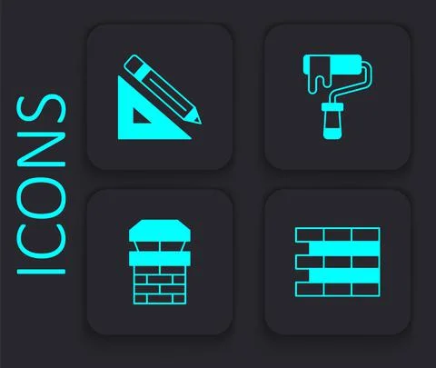 Set Bricks, Triangular ruler and pencil, Paint roller brush and Chimney icon Stock Illustration