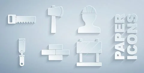 Set Bricks, Worker safety helmet, Rasp metal file, Road barrier, Wooden axe and Stock Illustration
