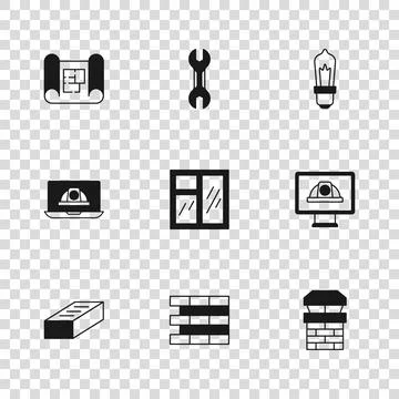 Set Bricks, Worker safety helmet, Chimney, Window in room, Light bulb, Hous.. Stock Illustration