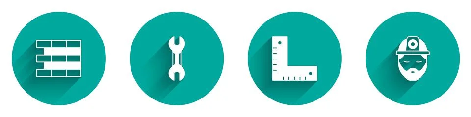 Set Bricks, Wrench spanner, Corner ruler and Builder icon with long shadow Stock Illustration
