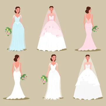 Set of brides in beautiful dresses and hairstyles with bouquets in their hands Stock Illustration