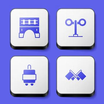 Set Bridge for train, Train traffic light, Suitcase and Flag icon. White square Illustration