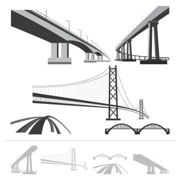 Set of bridges, vector silhouette collection isolated on white background Stock Illustration