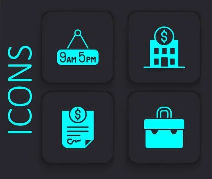 Set Briefcase, From 9 to 5 job, Bank building and Contract money icon. Black  Ilustración de archivo