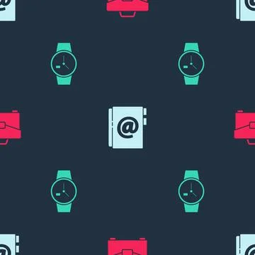 Set Briefcase, Address book and Wrist watch on seamless pattern. Vector Illustrazione stock