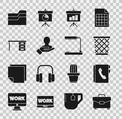 Set Briefcase, Address book, Trash can, Chalkboard with diagram, Hand for search Stock-Illustration