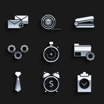 Set Briefcase, Alarm clock with dollar symbol, Completed task, Folder setting Stock Illustration