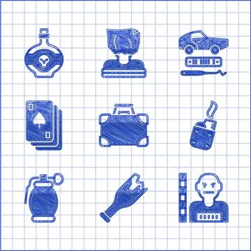 Set Briefcase and money, Broken bottle weapon, Suspect criminal, Lighter, Hand Stock Illustration