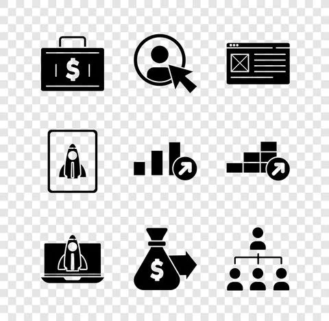 Set Briefcase and money, Create account screen, Browser window, Startup project Illustrazione stock