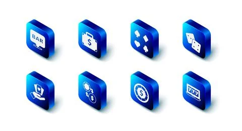 Set Briefcase and money, Deck of playing cards, Game dice, Online slot machine Stock-Illustration