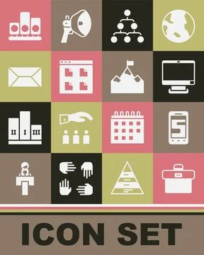 Set Briefcase, Chat messages on phone, Computer monitor, Hierarchy organogram Illustrazione stock