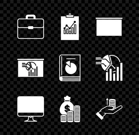 Set Briefcase, Clipboard with graph chart, Chalkboard, Computer monitor screen Stock-Illustration