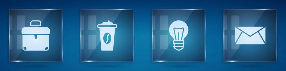 Set Briefcase, Coffee cup to go, Light bulb and Mail and e-mail. Square gla.. Stock Illustration