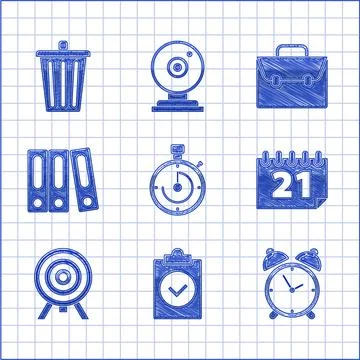 Set Briefcase, Completed task, Alarm clock, Calendar, Target, Office folders Stock Illustration