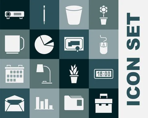 Set Briefcase, Digital alarm clock, Computer mouse, Trash can, Pie chart Stock Illustration