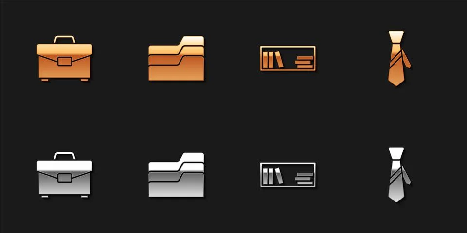 Set Briefcase, Document folder, Shelf with books and Tie icon. Vector Stock Illustration