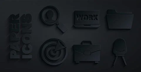 Set Briefcase, Document folder, Target sport, Office chair, Laptop with text Stock Illustration