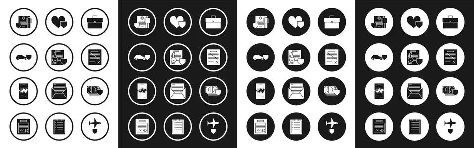 Set Briefcase, Document with key with shield, Car, Medical clipboard clinic.. Stock Illustration