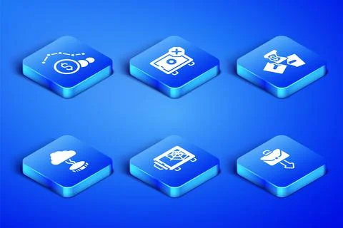 Set Briefcase, Dollar rate decrease, Safe, Storm, and Tearing money banknote Illustrazione stock