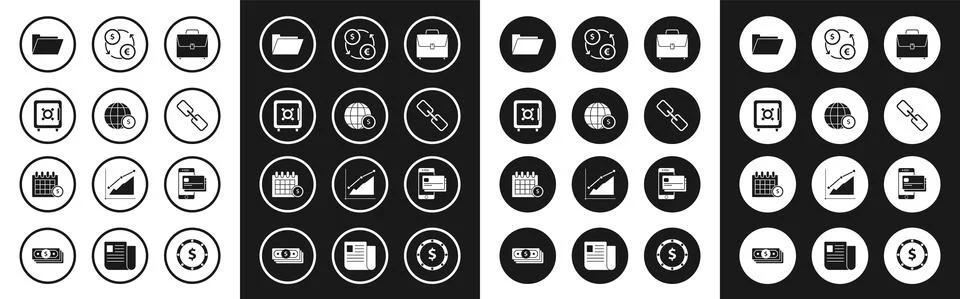 Set Briefcase, Earth globe with dollar symbol, Safe, Document folder, Chain link Stock Illustration