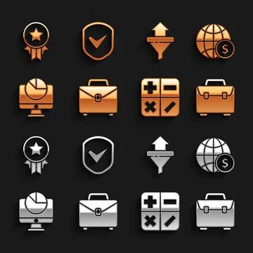 Set Briefcase, Earth globe with dollar, Calculator, Computer monitor graph chart 스톡 일러스트