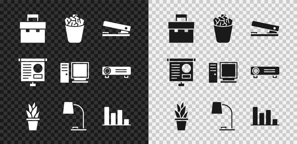 Set Briefcase Full trash can Office stapler Plant in pot Table lamp Pie chart イラスト素材