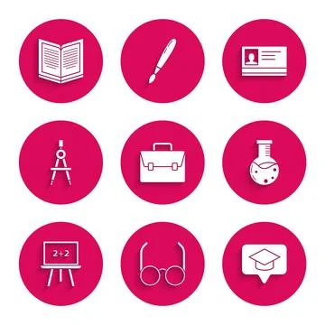 Set Briefcase, Glasses, Graduation cap in speech bubble, Test tube and flas.. Stock Illustration