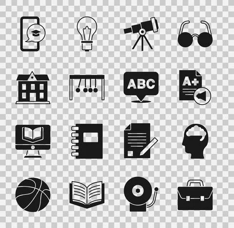 Set Briefcase, Human brain, Exam sheet with A plus grade, Telescope, Pendulum Ilustración de archivo