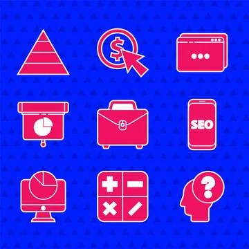 Set Briefcase, Human head with question mark, Mobile phone SEO optimization Stock Illustration