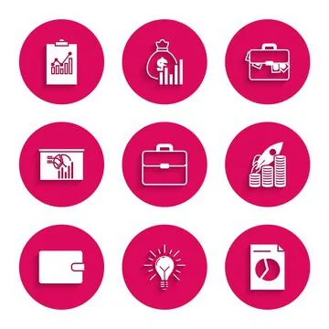 Set Briefcase, Light bulb with rays shine and concept of idea, Document graph Stockillustratie