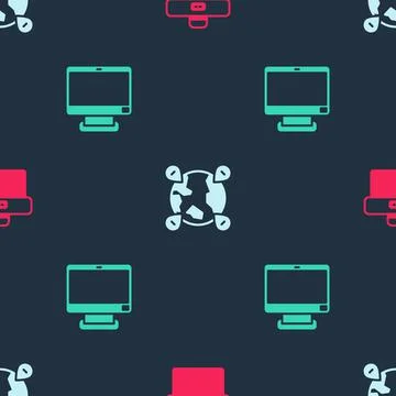 Set Briefcase, Location on the globe and Computer monitor on seamless pattern Stock Illustration