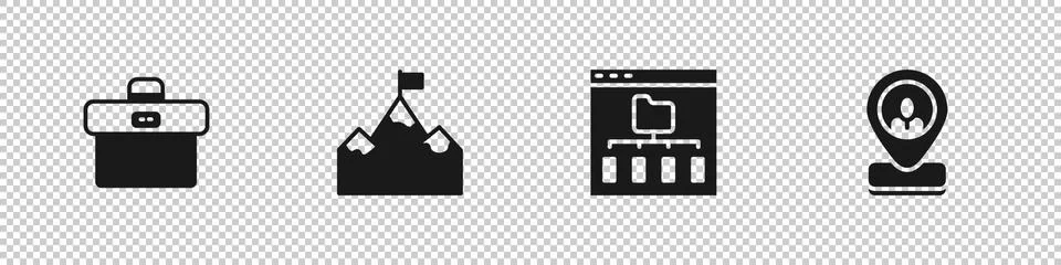 Set Briefcase, Mountains with flag, Browser files and Worker location icon Stockillustratie