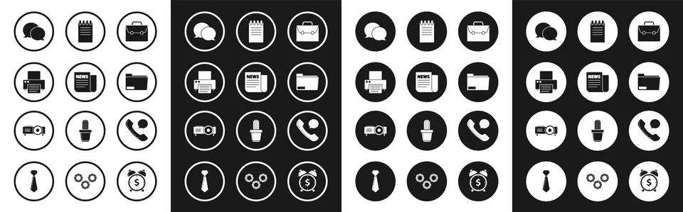 Set Briefcase, News, Printer, Speech bubble chat, Document folder, Notebook Stock Illustration
