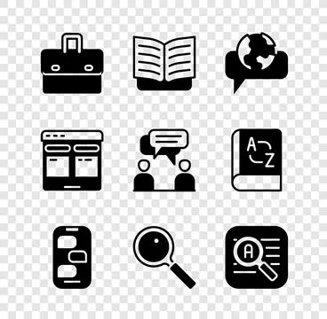 Set Briefcase, Open book, Learning foreign languages, New chat messages not.. Stock Illustration
