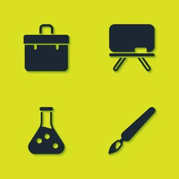 Set Briefcase, Paint brush, Test tube and Chalkboard icon. Vector Ilustración de archivo